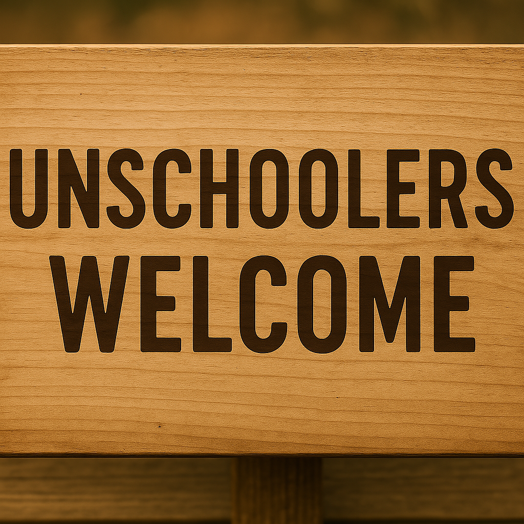 A wooden sign reads "Unschoolers Welcome"