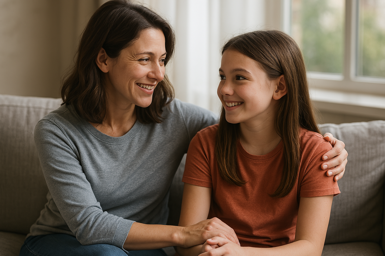 A mother and daughter connect with one another in the comfort of their home.
