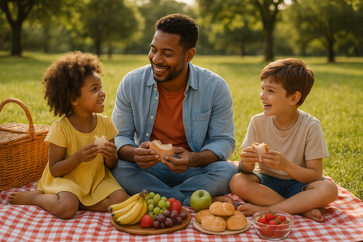 A family sits on a cozy picnic blanket and eats healthy snacks outdoors.
