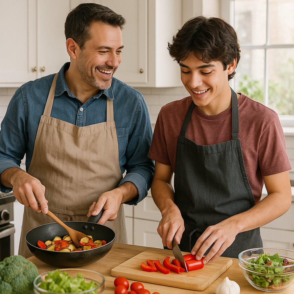 A parent and teen enjoy learning the life skill of cooking together