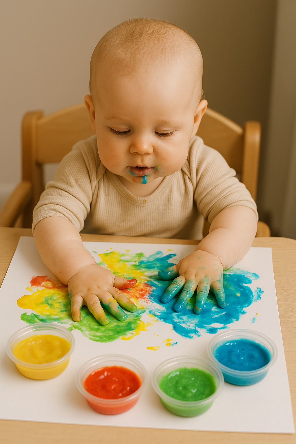 An infant plays with brightly colored edible paints in a highchair
