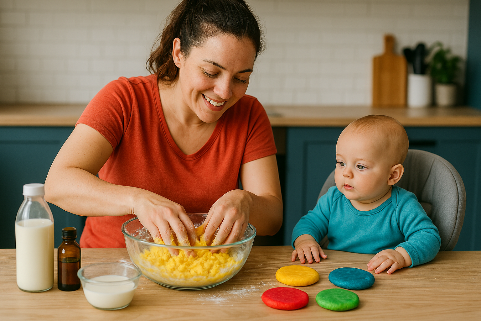 A mother prepares edible playdough for her infant