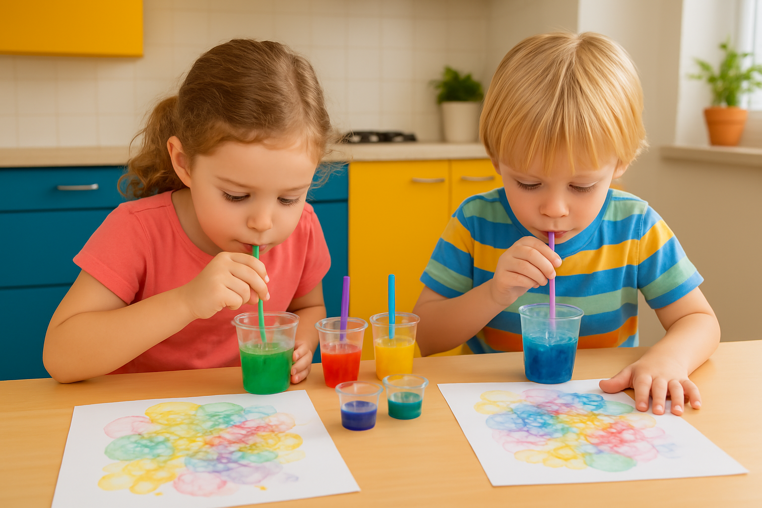 Two preschoolers create bubble paintings together