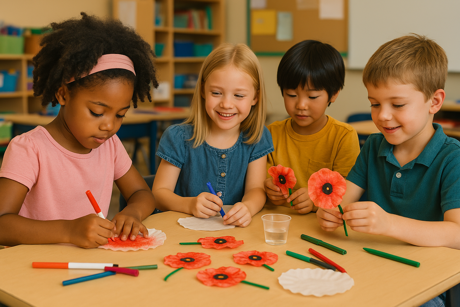 Early elementary students gather to make coffee filter poppies
