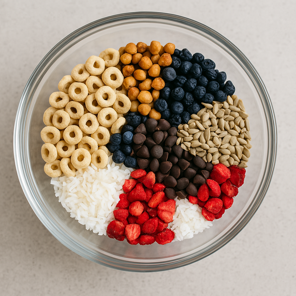 Busy bites trail mix inside of a mixing bowl.