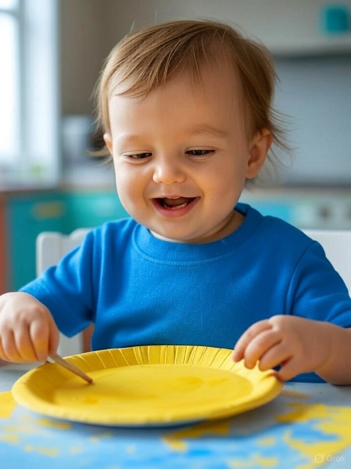 A toddler paints a paper plate sun the color yellow