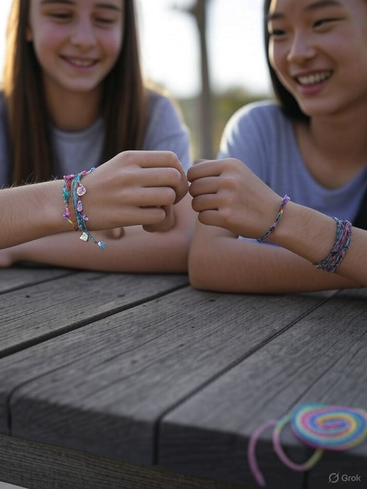 Two teens exchange friendship bracelets