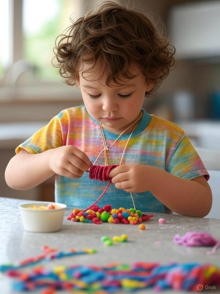 A toddler strings colorful noodles and makes a pasta necklace