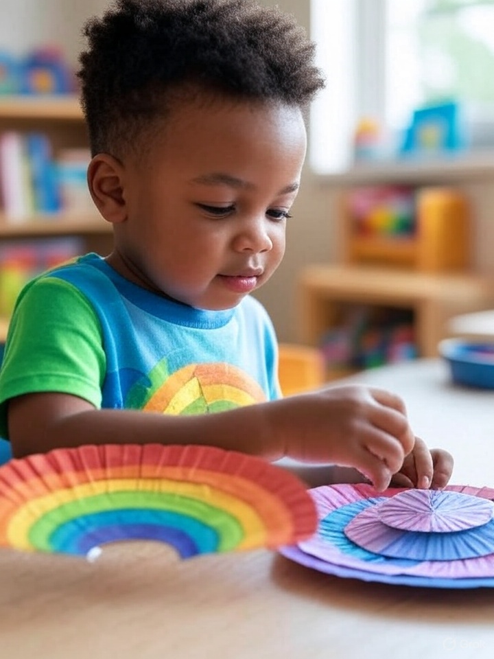A preschooler creates a paper plate rainbow