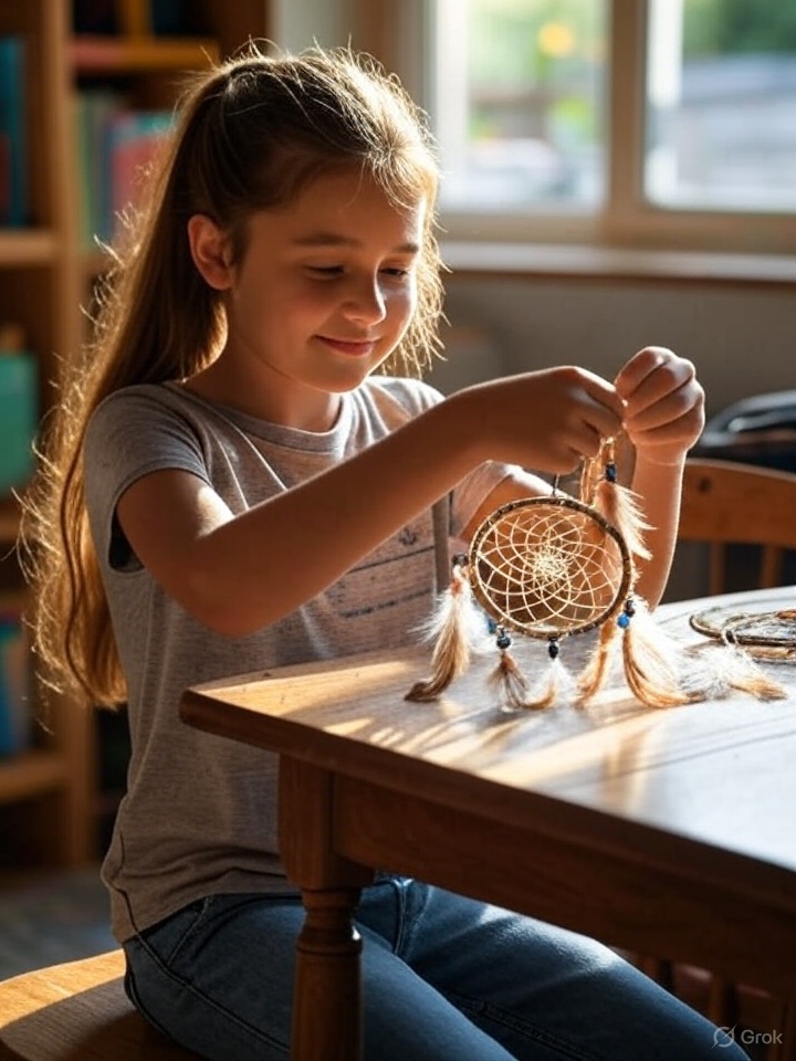 an elementary student makes a DIY dreamcatcher craft