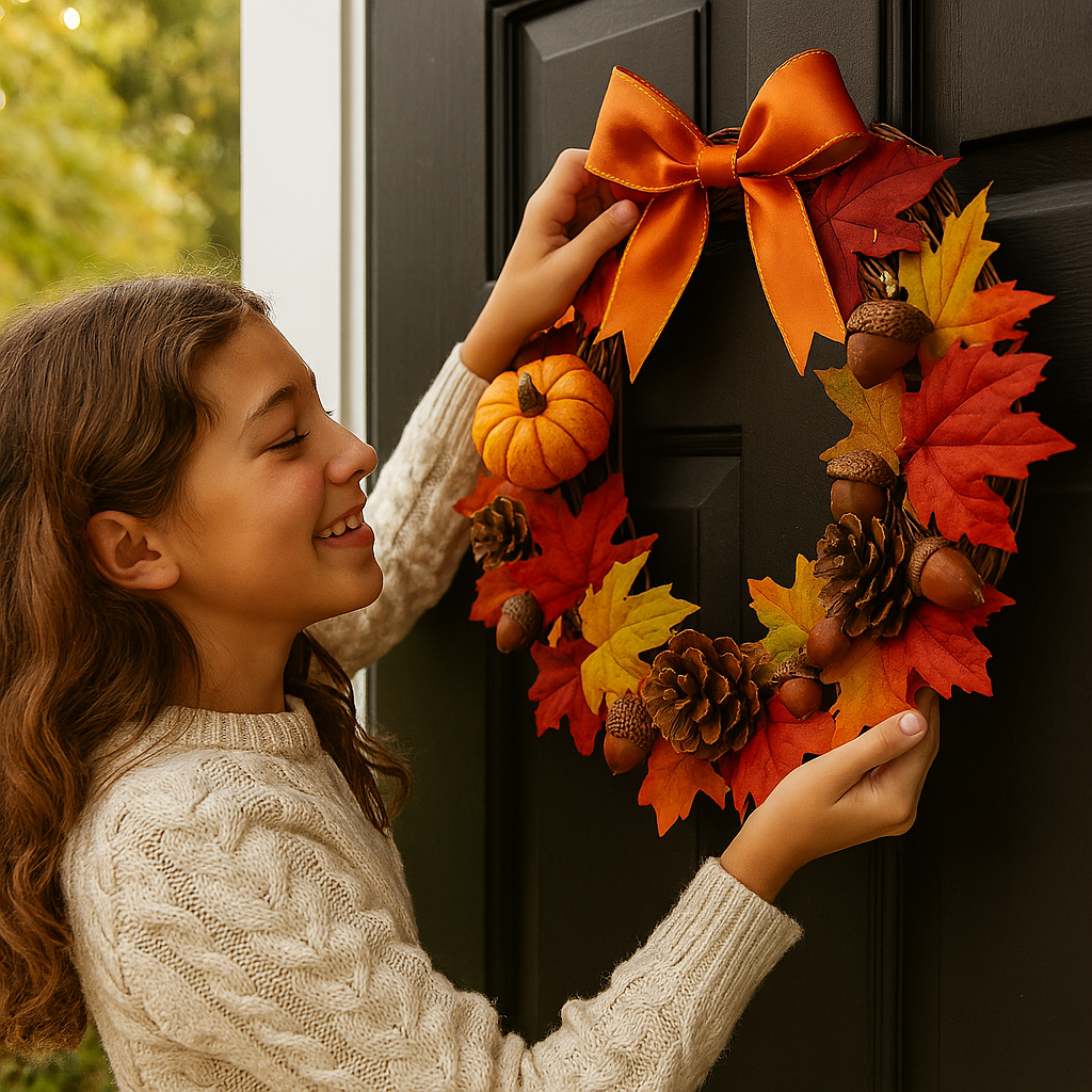 A teen hangs her Autumn Wreath on her door