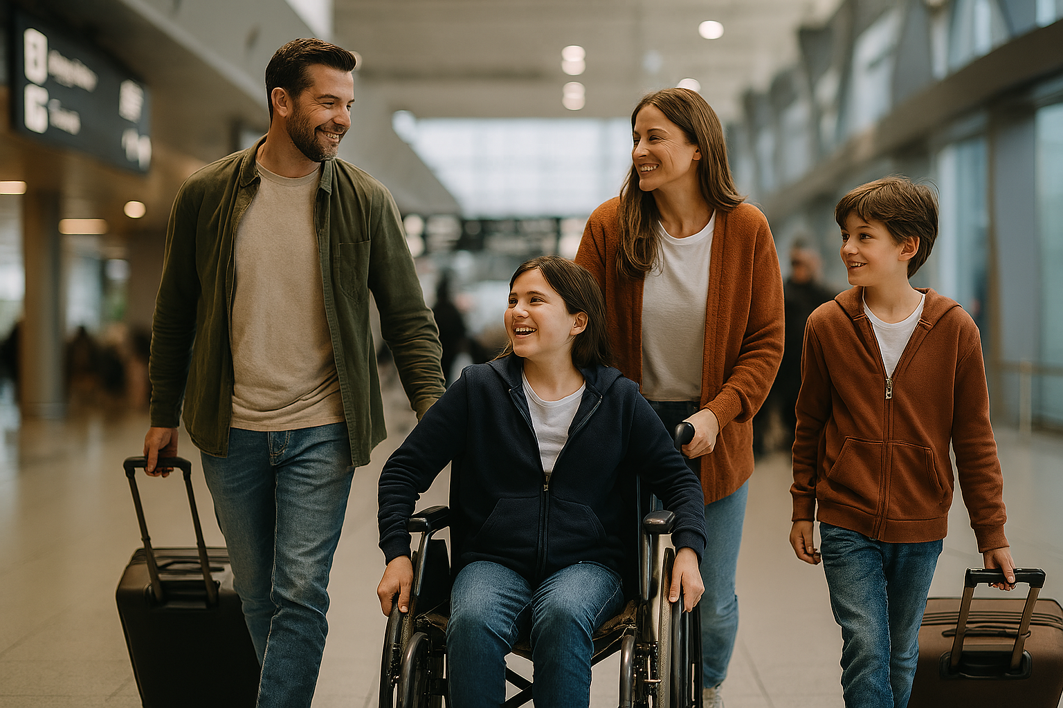 A family travels with their disabled child