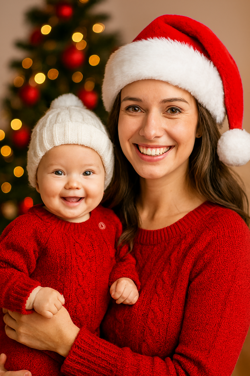 A mother and infant dressed in holiday attire