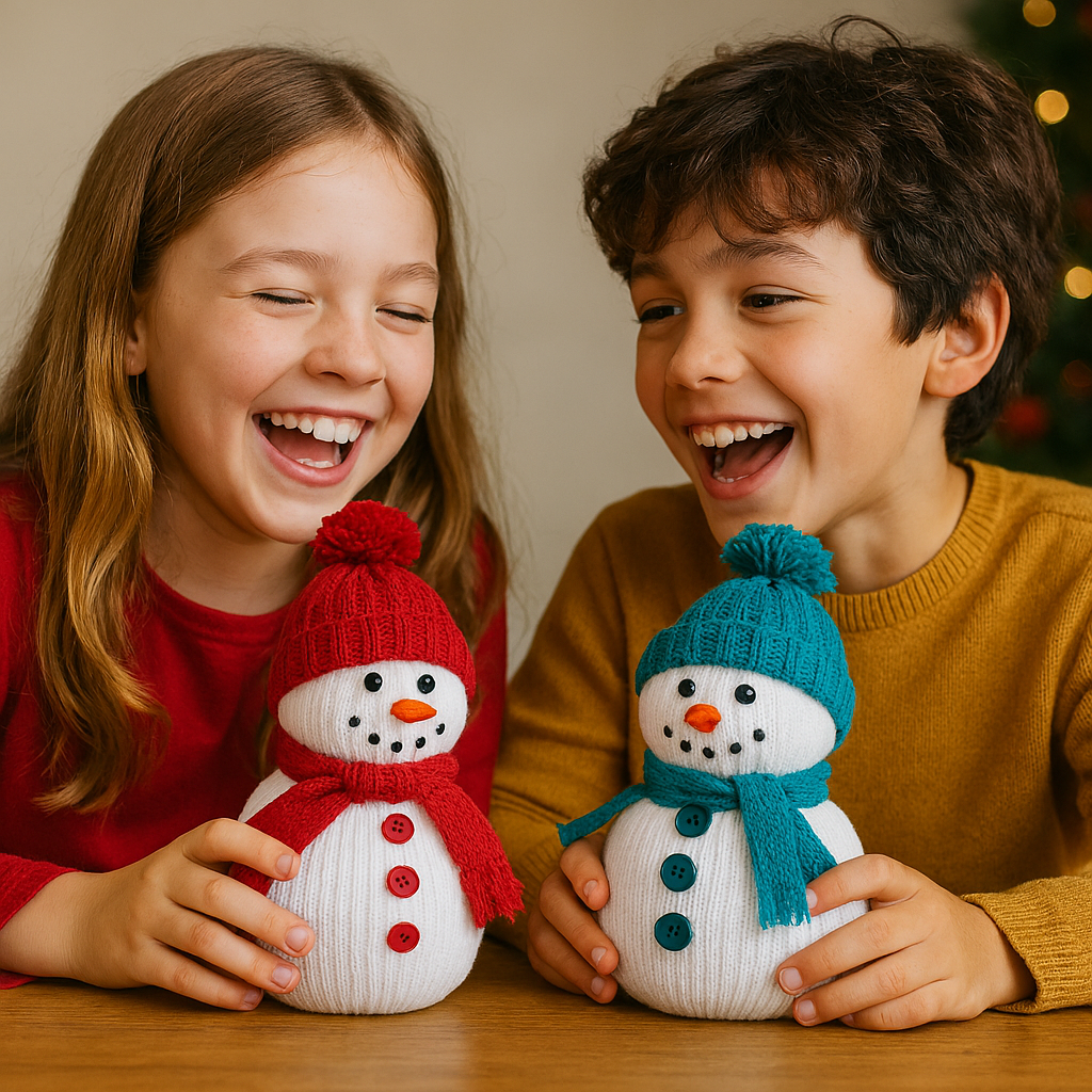 Late elementary aged kids play with their no-sew sock snowman