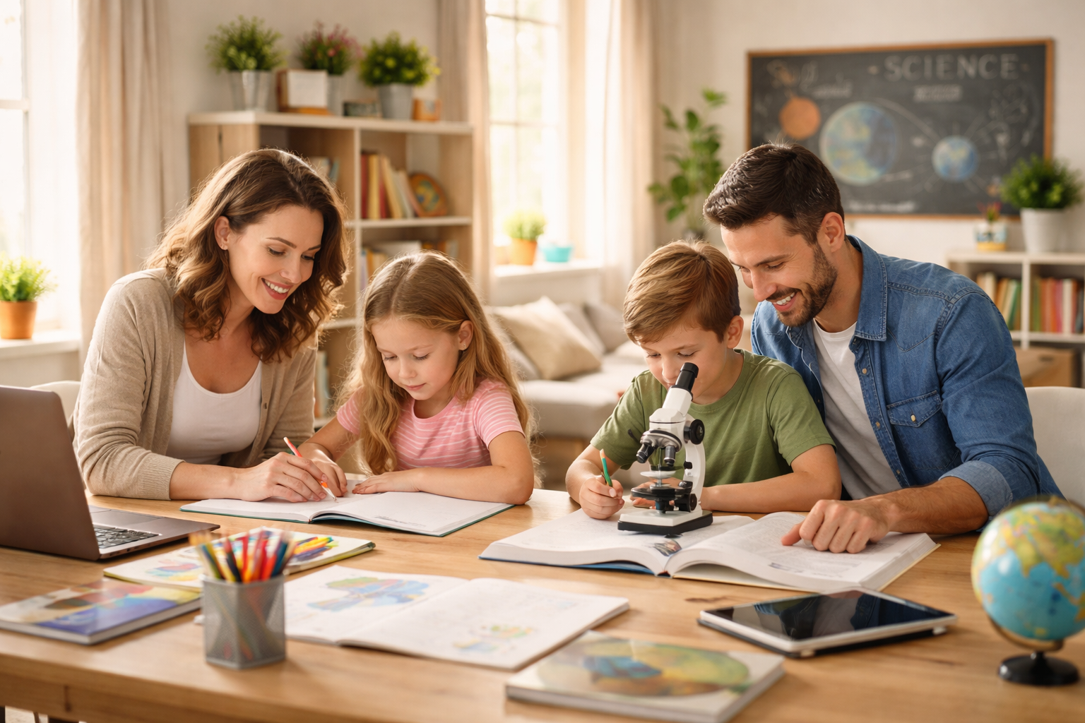 A homeschool family sits down to learn in a supportive environment.