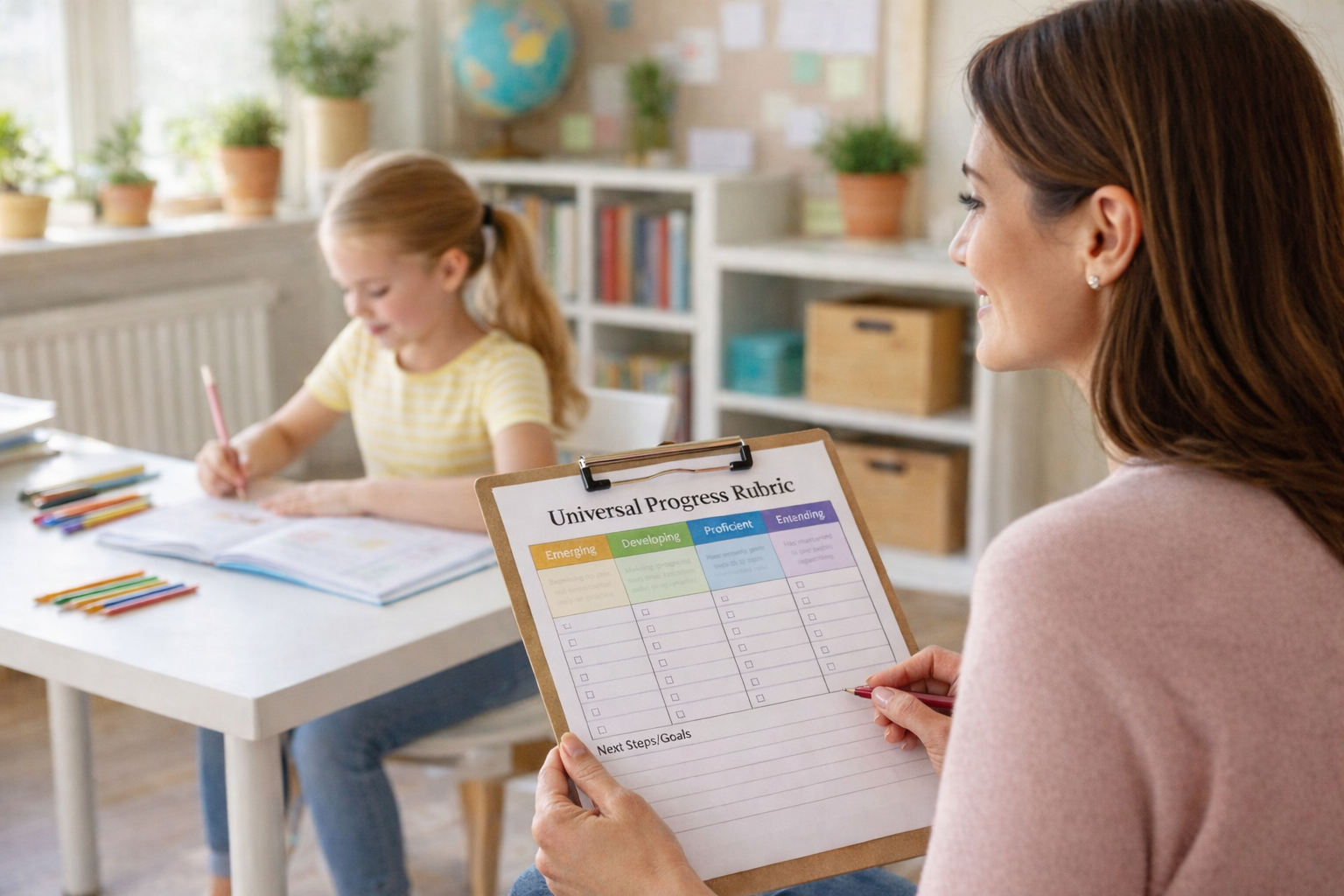 A mother lovingly observes her daughter while she completes homeschool work at her desk. The mother is holding the Universal Progress Rubric.