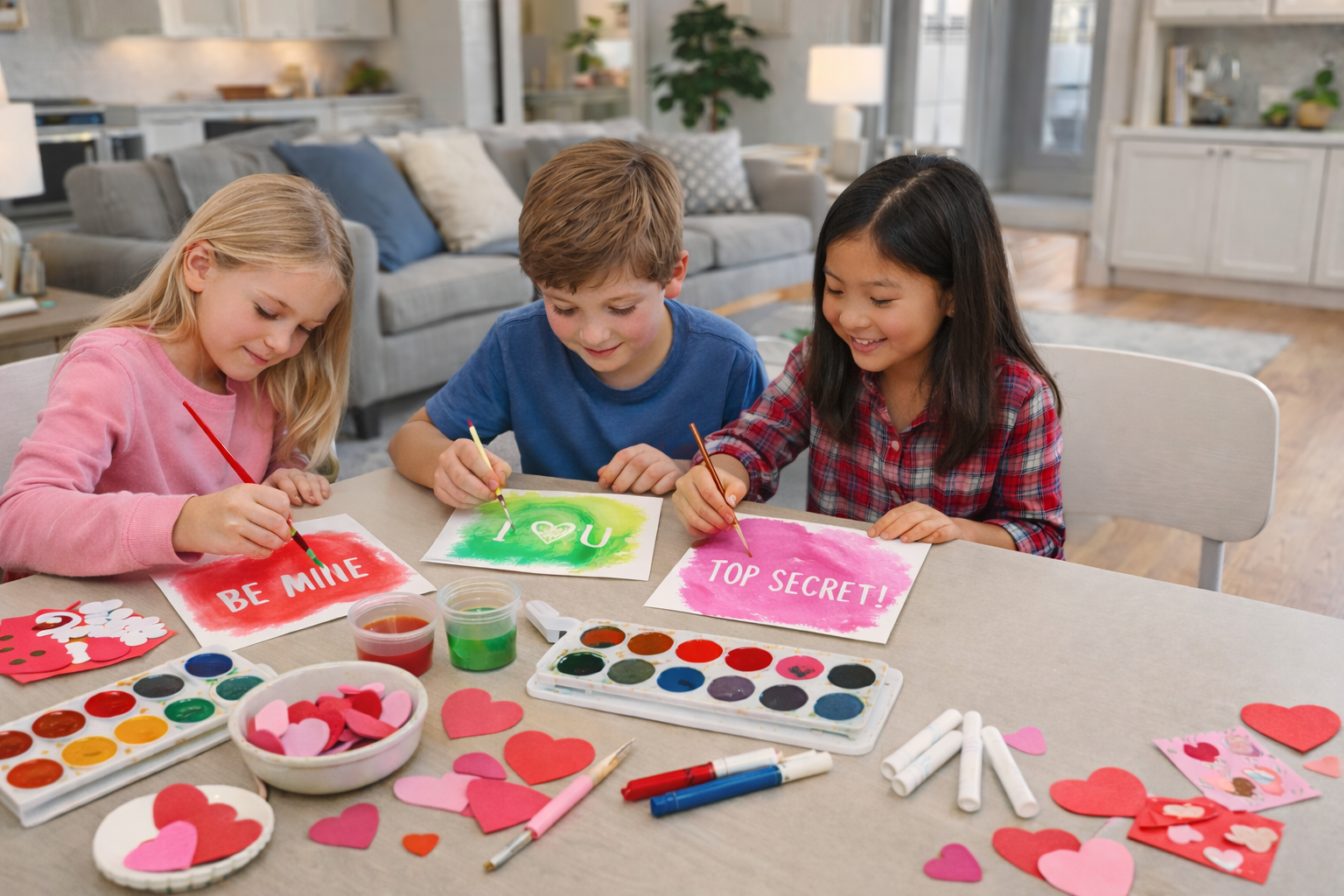 A small group of late elementary kids sit at a table and craft their secret message Valentine's cards.