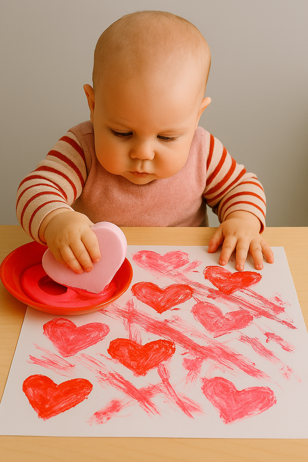 An infant creates their own heart stamp craft.