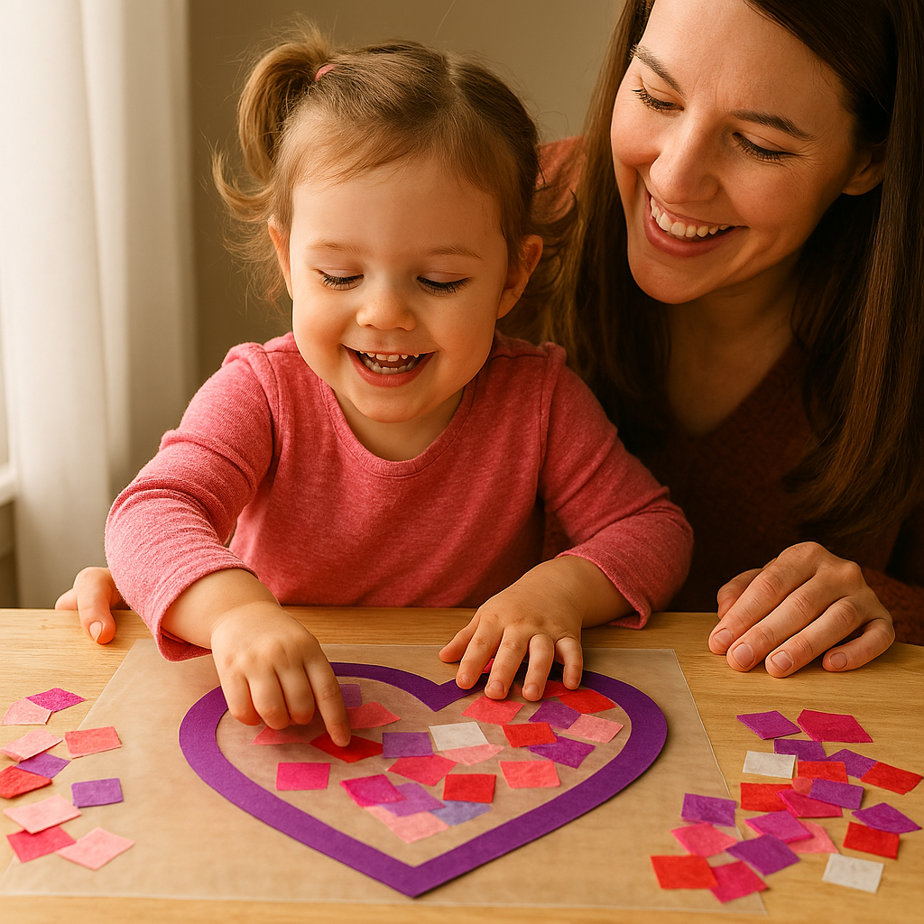 A mother and child create a tissue paper heart suncatcher together.