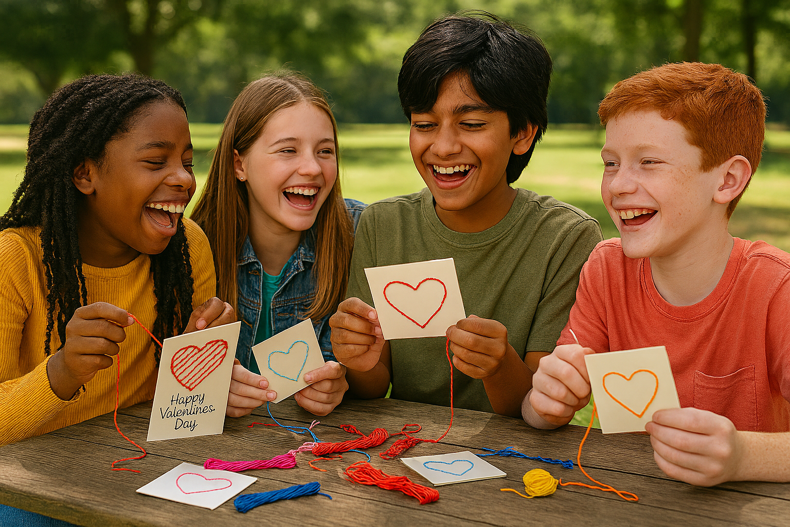 A group of pre-teens+ makes embroidered Valentine's cards together.