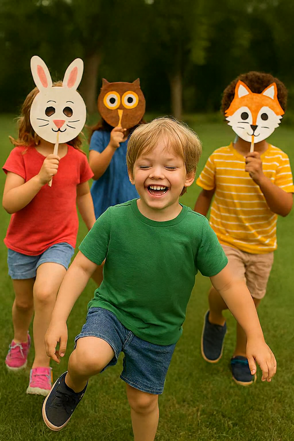 Kids run and play with their animal masks.