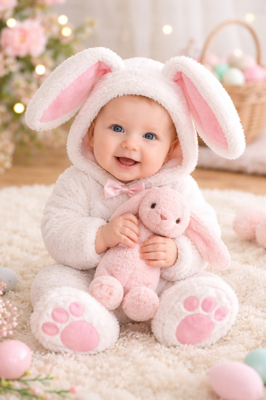 An infant smiles while dressed in a fuzzy bunny costume.