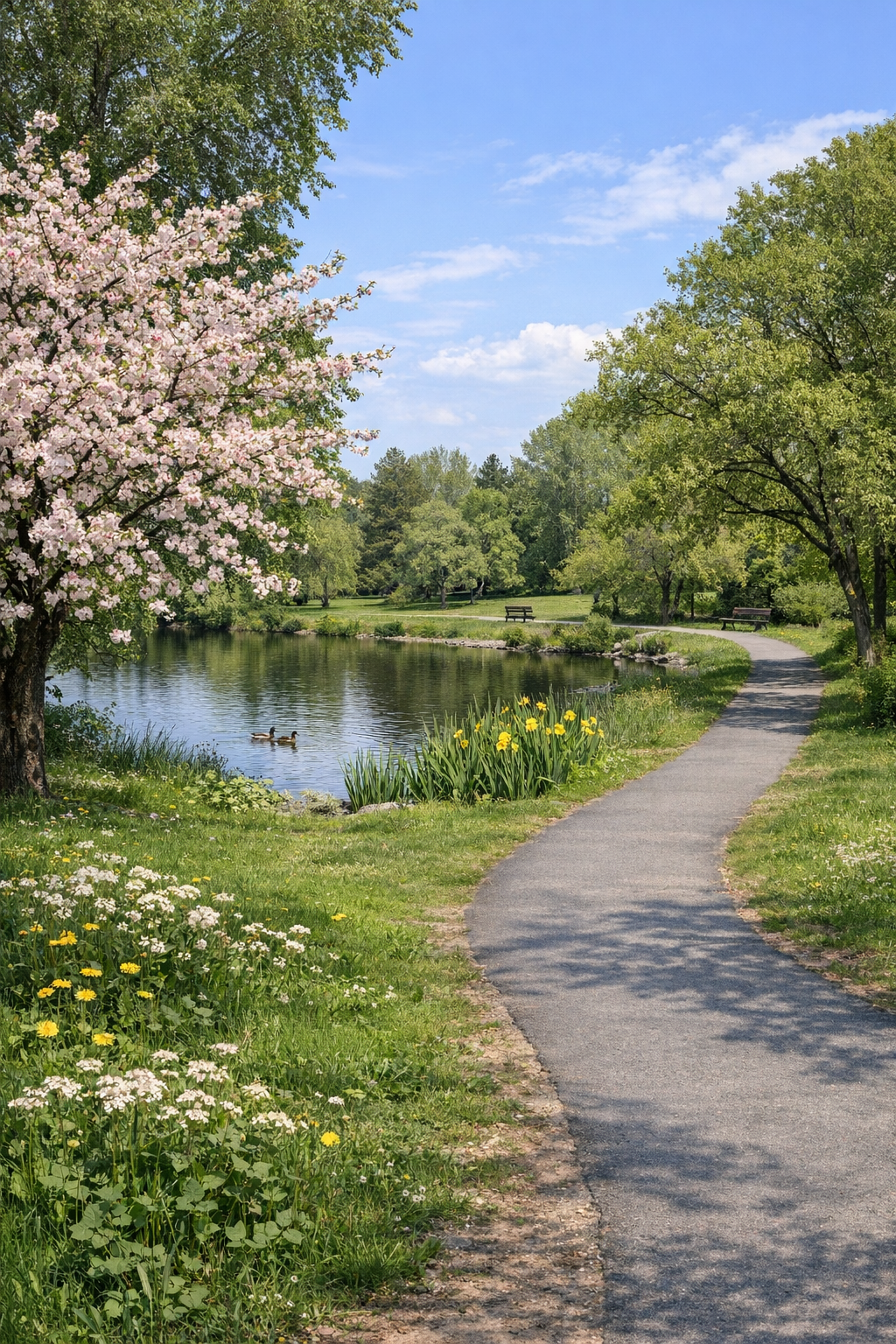 A spring nature scene with trees, flowers, and a walking trail.