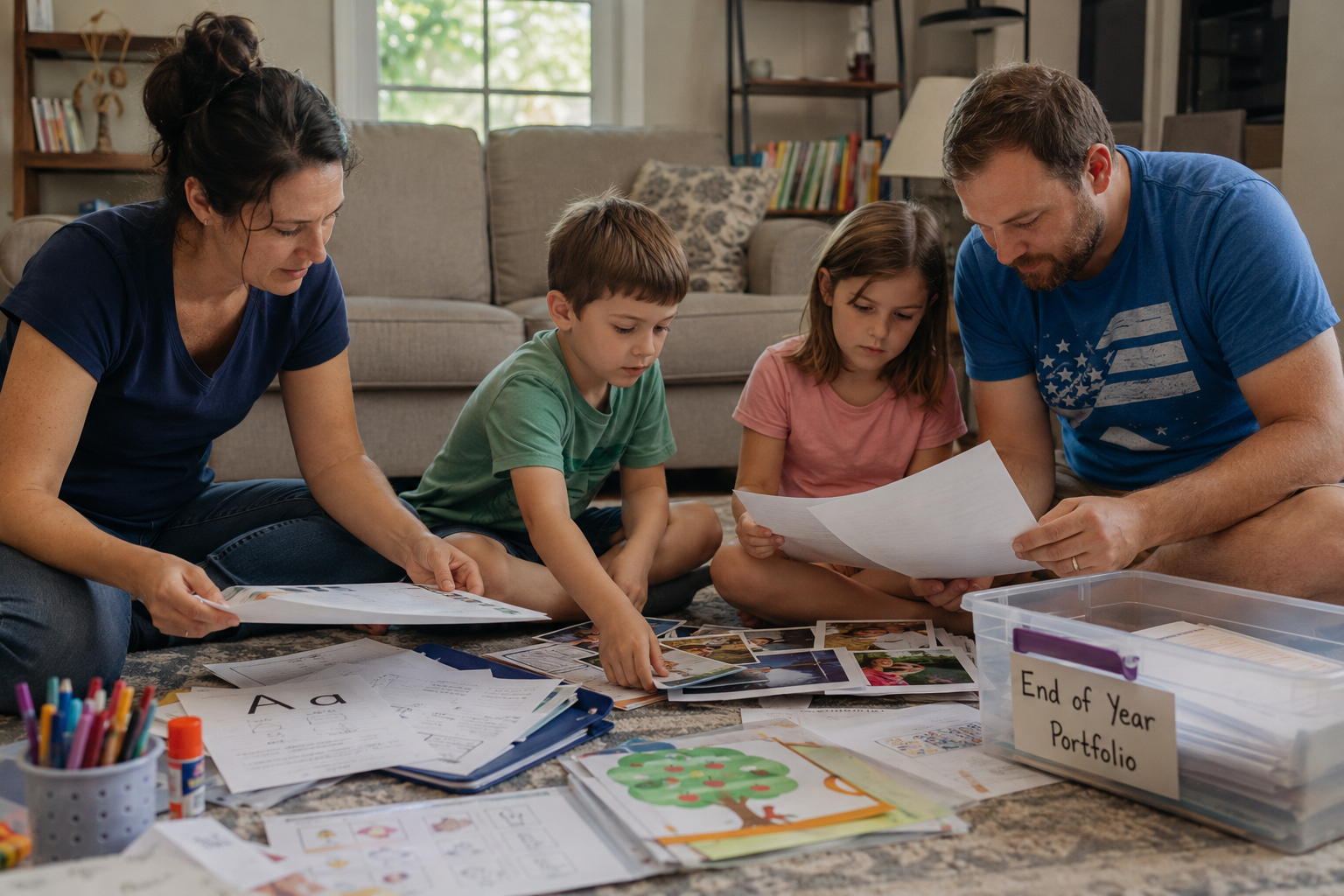 A family sits down together to create their homeschool portfolios.
